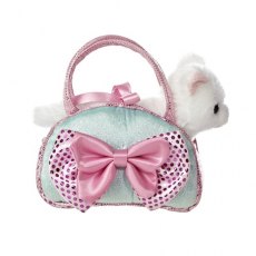 Aurora World 8" Fancy Pals Soft Toy White Cat In Icy Blue Handbag With Bow