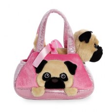 Aurora World 8" Fancy Pals Soft Toy Pug Puppy Dog In Pink Handbag